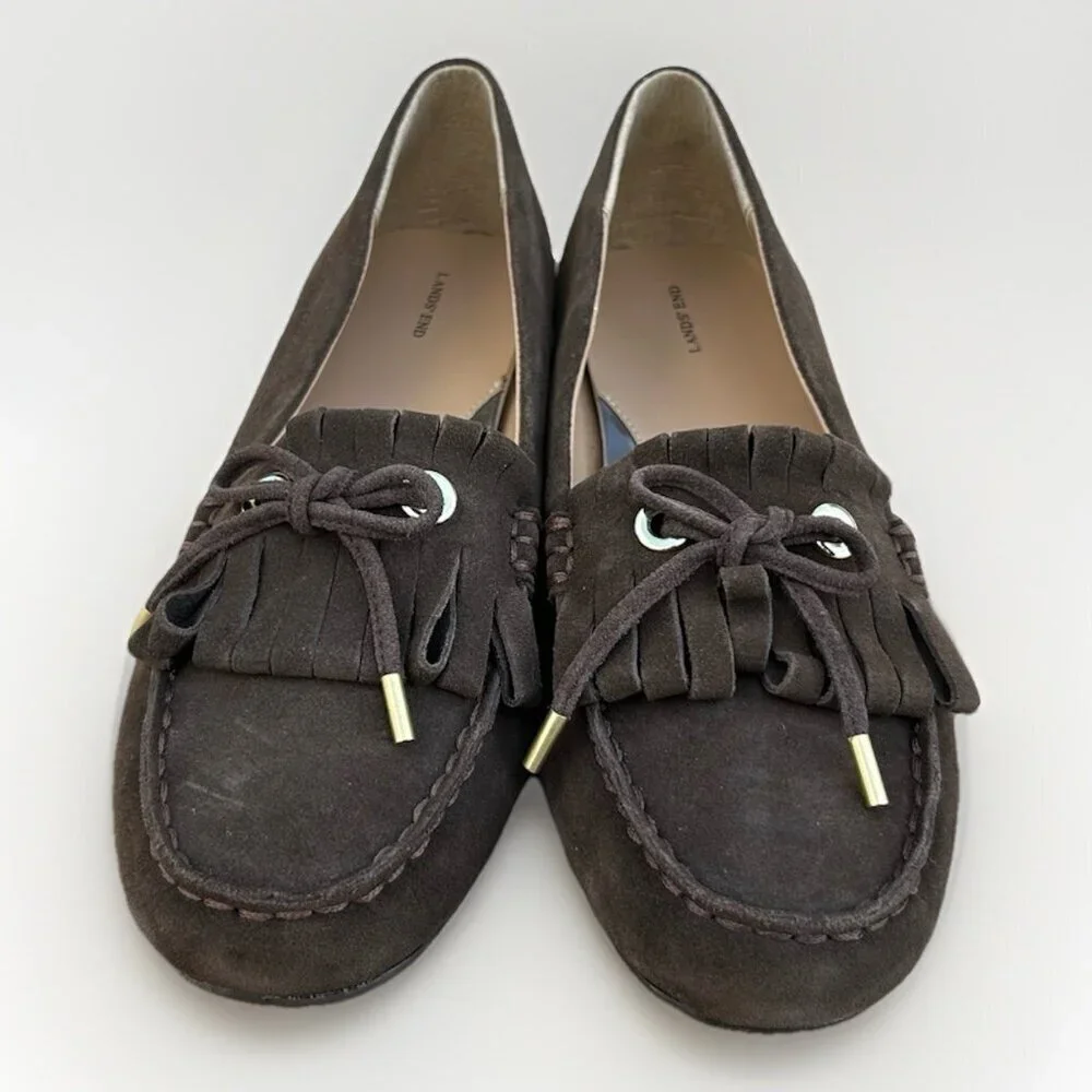 New Lands End Womens Size 8 Slip On Tassel Moccasin Brown Suede Loafers